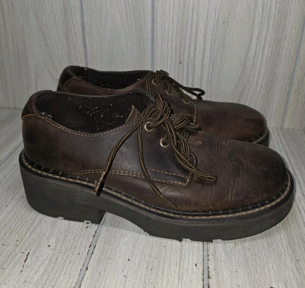 VTG Y2K 90s American Eagle Brown Leather Platform Chunky Jammers Women Size 9.5